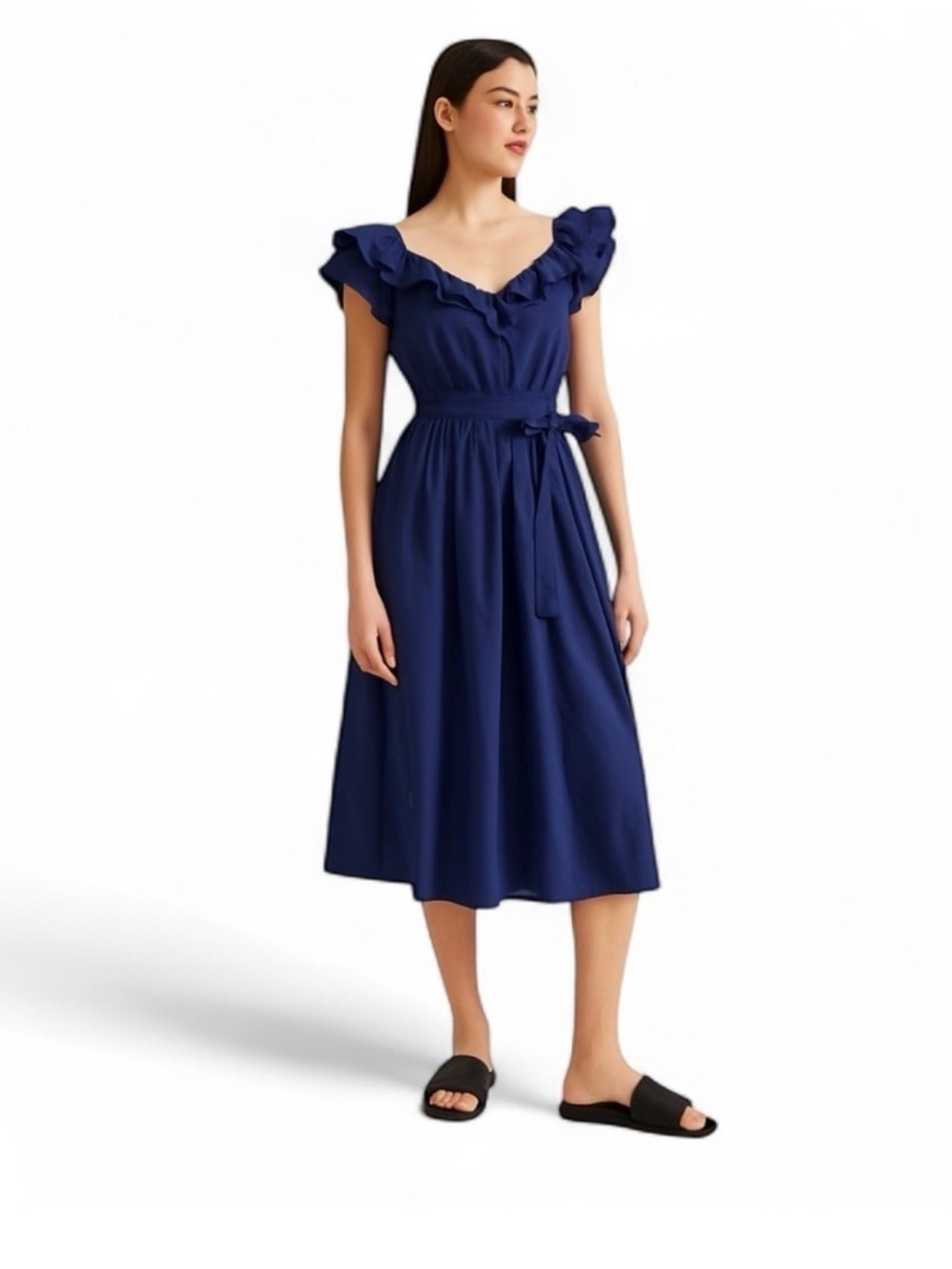 Hill House Ruffle V-Neck Midi Dress in Navy